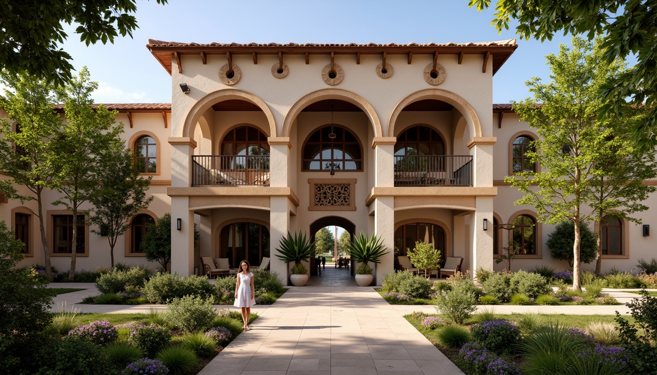 Prompt: Rustic clinic building, Romanesque arches, ornate stone carvings, rounded columns, vaulted ceilings, stained glass windows, earthy color palette, natural stone walls, clay tile roofing, lush greenery, blooming flowers, serene atmosphere, soft warm lighting, shallow depth of field, 3/4 composition, panoramic view, realistic textures, ambient occlusion.