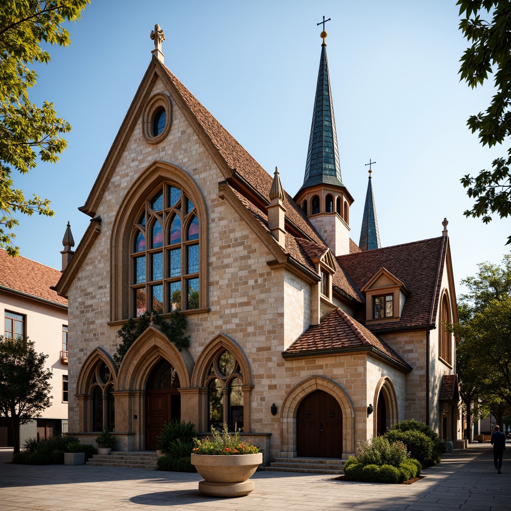 Prompt: Romanesque church, ornate roof tiles, curved arches, rustic stone walls, grandiose entrance, intricate carvings, vibrant stained glass windows, gothic spires, symmetrical facade, ornamental gargoyles, weathered copper accents, aged brick texture, moss-covered roofs, sunny afternoon, warm golden lighting, shallow depth of field, 1/1 composition, realistic atmospheric effects.