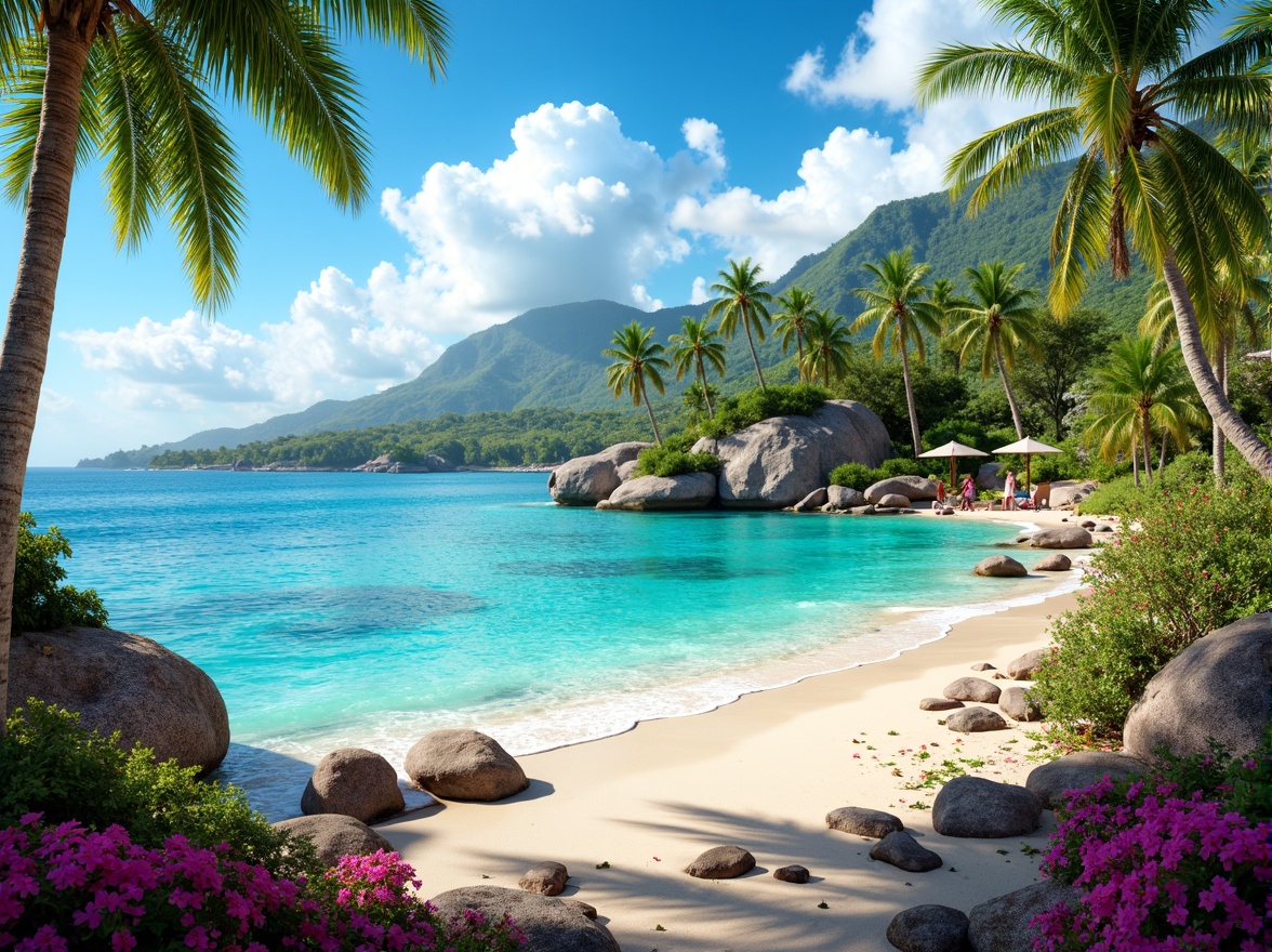 Prompt: Vibrant tropical island, turquoise ocean waves, coral reefs, exotic flowers, warm sandy beaches, bright sunny day, radiant color scheme, pastel hues, iridescent shimmer, neon accents, bold brushstrokes, abstract textures, 3D visual effects, futuristic design elements, glowing luminescence, soft gradient transitions, high-contrast lighting, dramatic shadows, cinematic atmosphere.