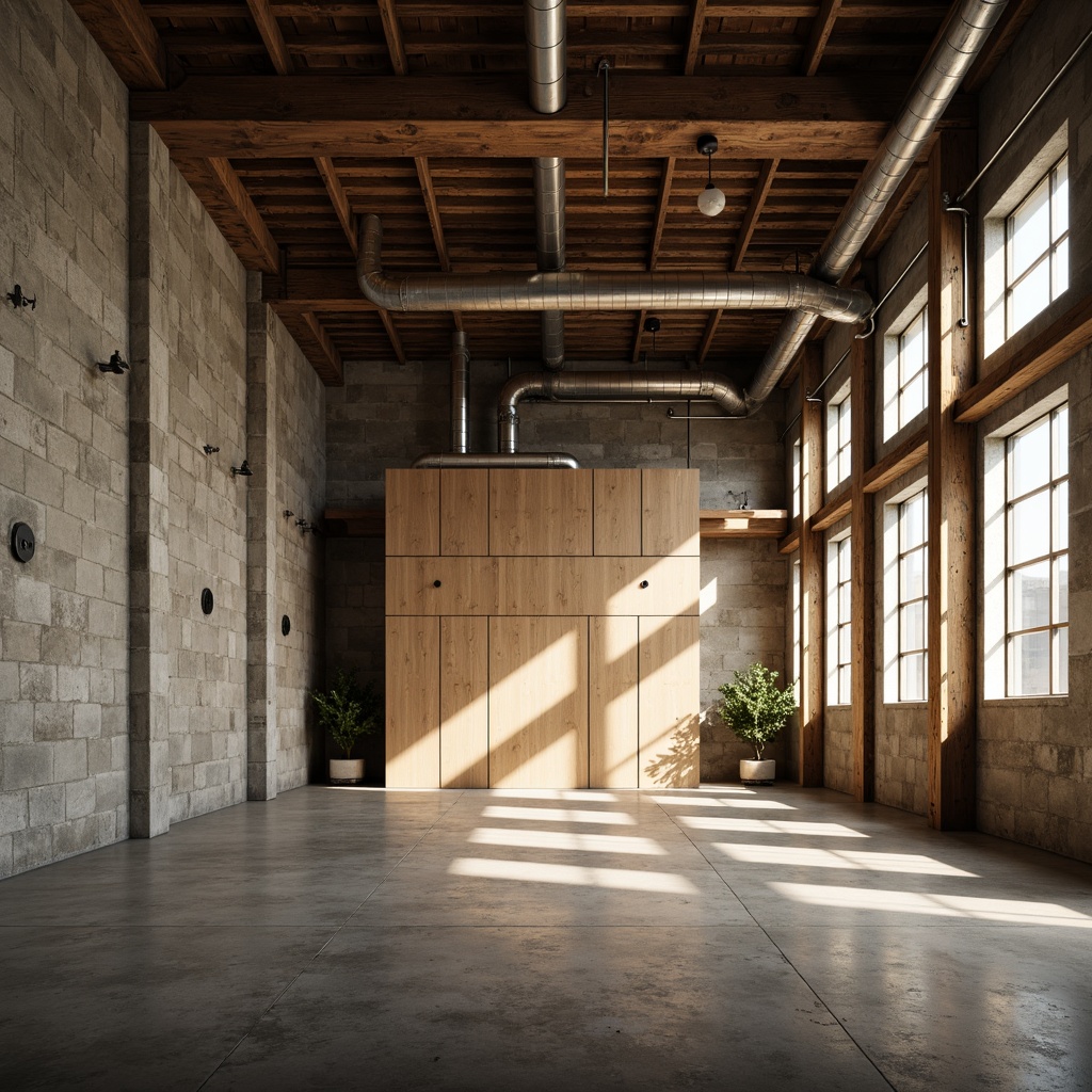 Prompt: Industrial warehouse, rugged fiber-cement walls, rough textures, earthy tones, exposed ductwork, metal beams, reclaimed wood accents, modern minimalist aesthetic, natural light pouring in, soft warm glow, shallow depth of field, 1/1 composition, realistic renderings, ambient occlusion.