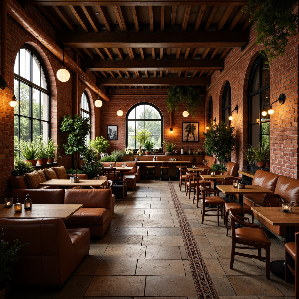 Prompt: Cozy coffee shop atmosphere, warm wooden accents, rich leather upholstery, vintage industrial lighting, exposed brick walls, metal beams, reclaimed wood tables, comfortable plush sofas, ornate ceramic tiles, decorative copper piping, lush greenery, natural stone flooring, earthy color palette, soft ambient lighting, shallow depth of field, 1/1 composition, realistic textures, warm atmospheric rendering.