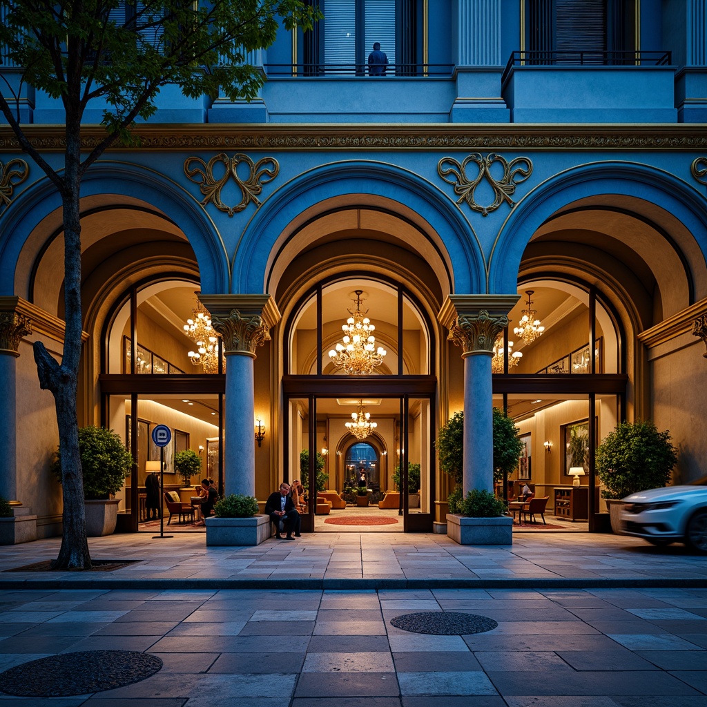 Prompt: Majestic building facade, Prussian blue accents, golden ornate details, grand entrance archways, luxurious marble floors, intricate stonework, lavish chandeliers, opulent furnishings, sophisticated urban setting, evening cityscape, warm streetlights, shallow depth of field, 1/2 composition, dramatic low-angle shot, cinematic lighting, realistic reflections.