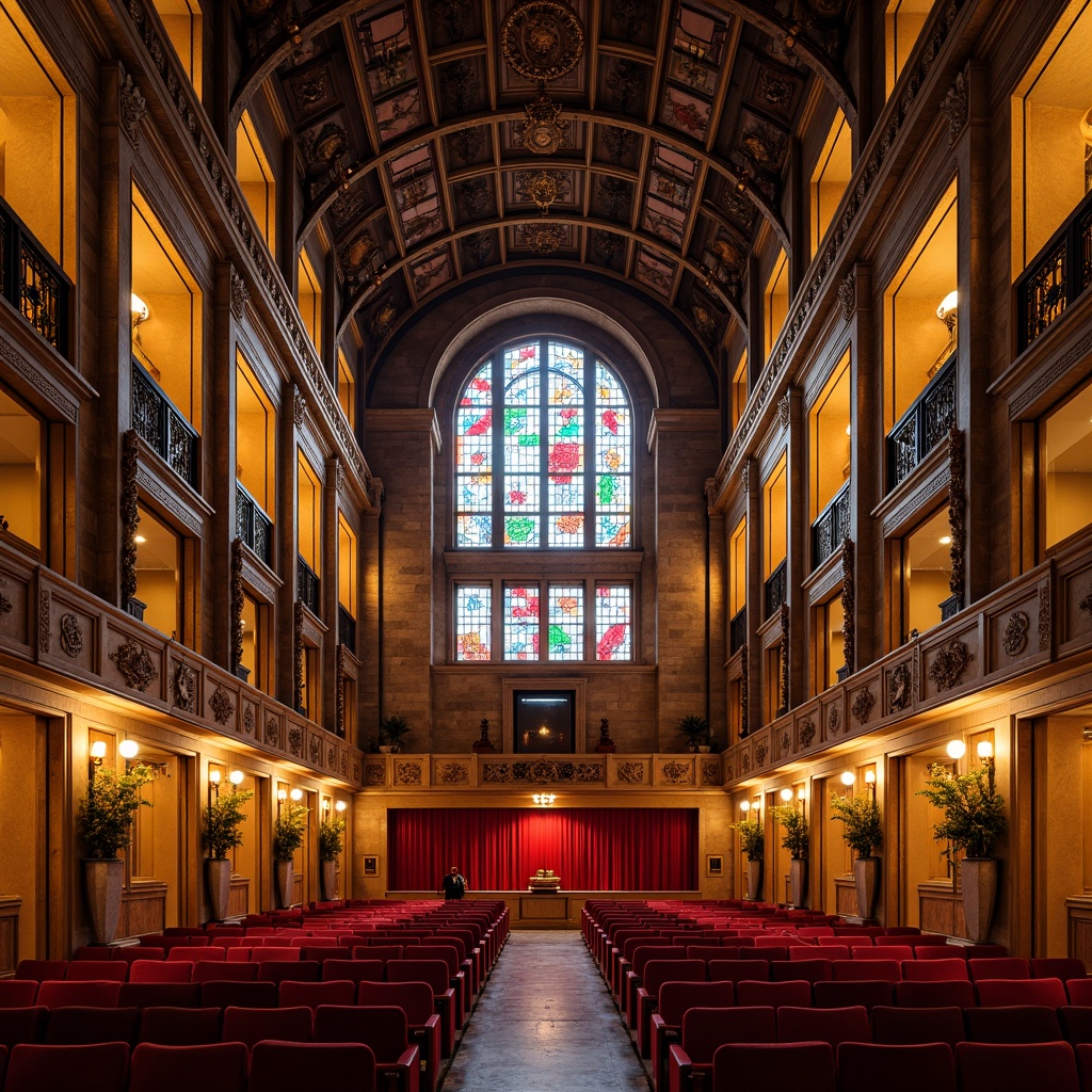 Prompt: Grandiose theater facade, ornate columns, intricate carvings, colored glass windows, stained glass patterns, warm golden lighting, dramatic archways, symmetrical composition, classical architecture, richly textured stone walls, decorative metal accents, vibrant red curtains, plush velvet upholstery, elegant chandeliers, sophisticated academic atmosphere, afternoon softbox lighting, 1/2 composition, detailed architectural details, realistic material textures.