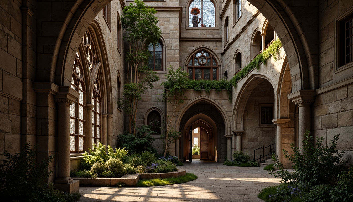 Prompt: Rustic stone walls, ancient archways, ornate carvings, weathered stonework, moss-covered surfaces, intricate mosaics, earthy color palette, rough-hewn textures, medieval-inspired architecture, grandiose entranceways, towering spires, stained glass windows, gothic details, mysterious ambient lighting, high contrast shading, dramatic composition, realistic normal maps.