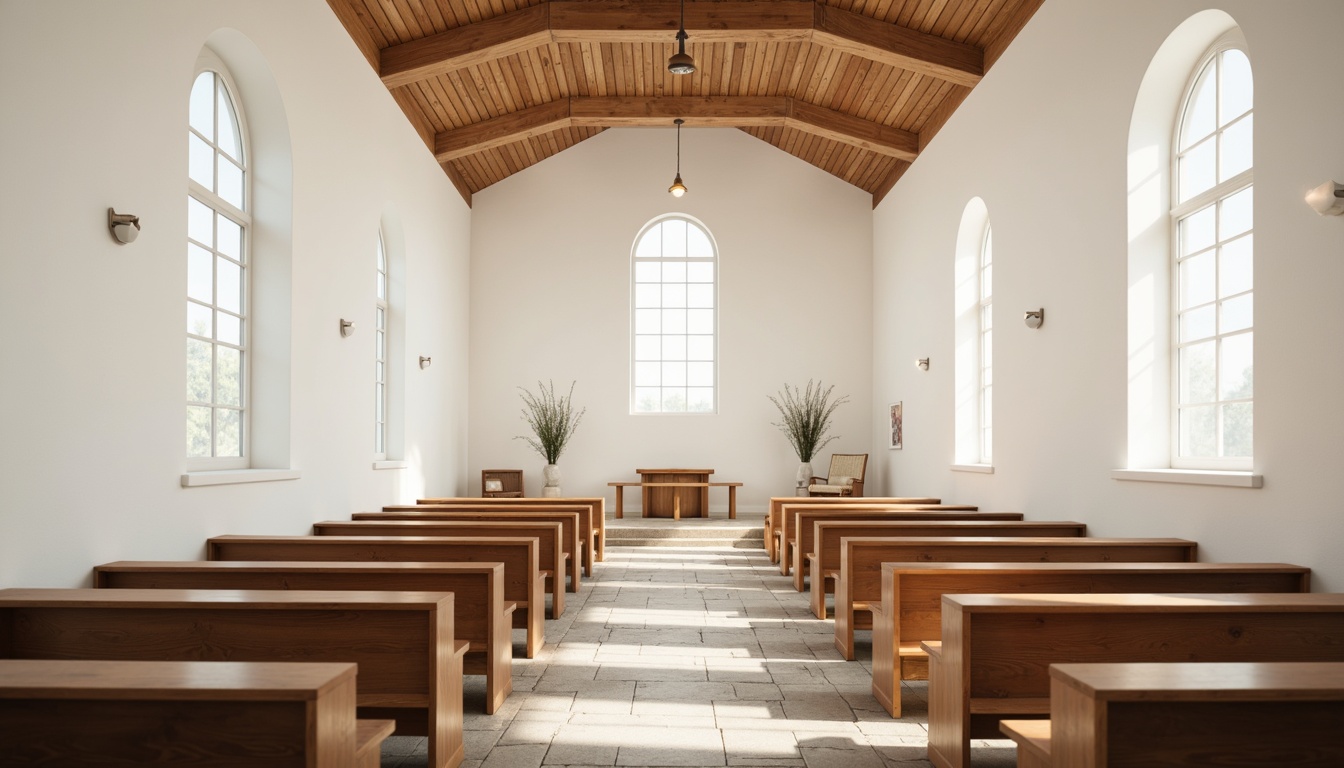 Prompt: Minimalist church interior, natural stone flooring, plain white walls, wooden pews, simple altar, stained glass windows, subtle lighting, airy atmosphere, high ceilings, open spaces, minimal ornaments, calm ambiance, soft warm tones, shallow depth of field, 1/1 composition, realistic textures, ambient occlusion.