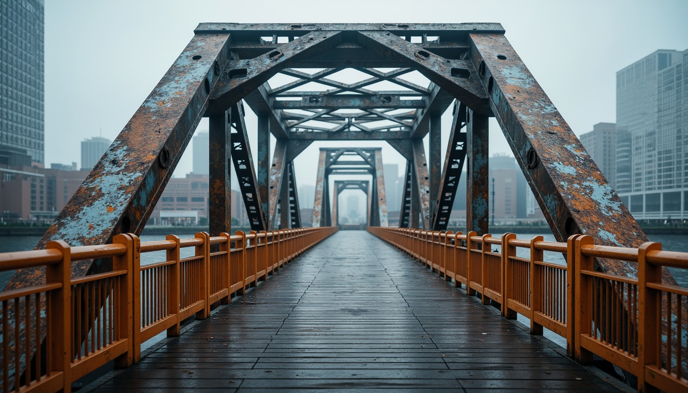 Prompt: Industrial steel bridge, weathered metal textures, muted blue-grey tones, warm beige accents, urban cityscape, misty atmospheric effects, soft diffused lighting, shallow depth of field, 2/3 composition, symmetrical architecture, modern infrastructure design, geometric shapes, bold structural lines, vibrant orange safety railings, worn wooden planks, rusty metallic hues, natural stone piers, serene water reflections, cloudy skies, subtle gradient maps.