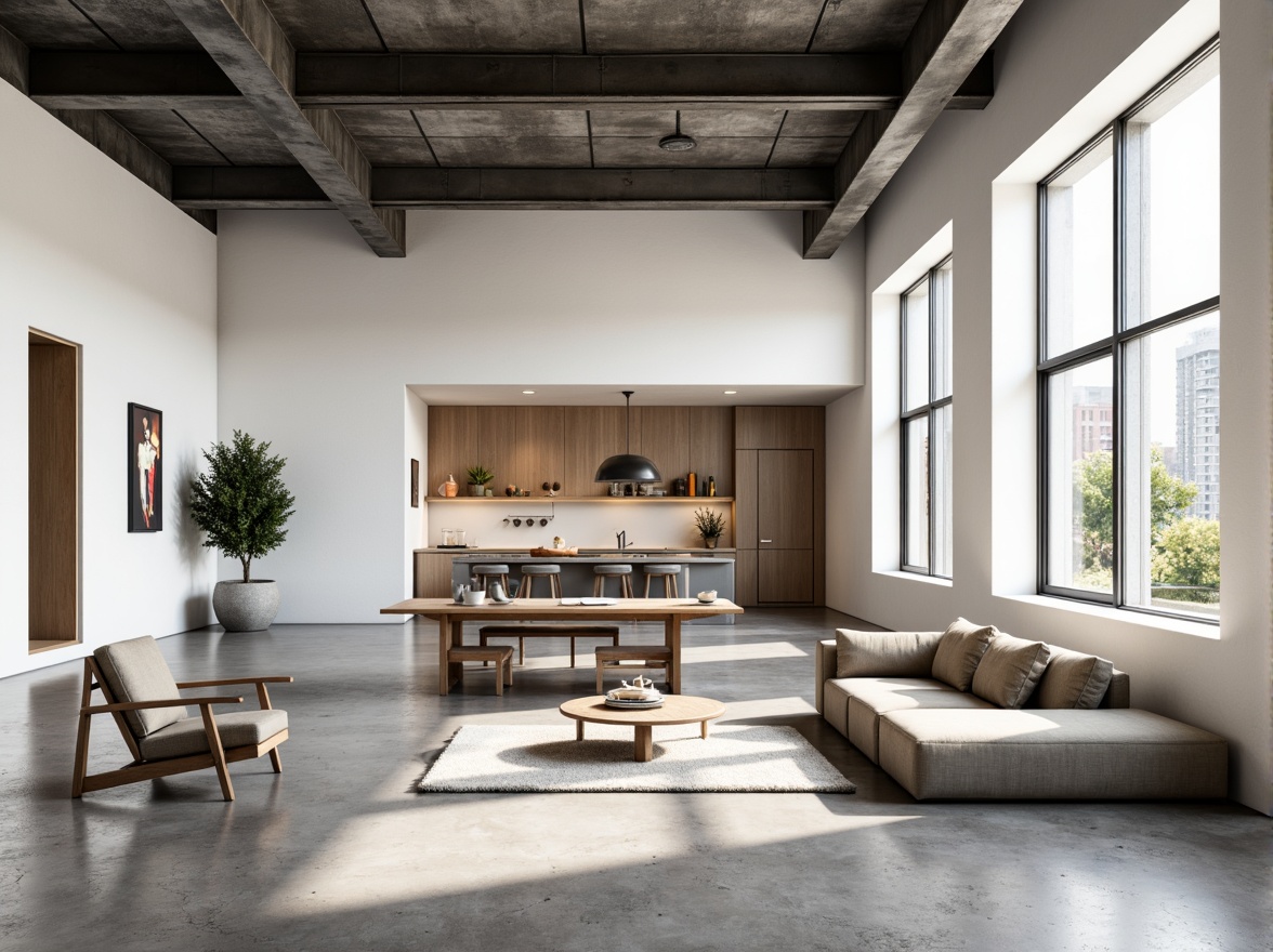 Prompt: Monochromatic loft interior, sleek minimalist decor, polished concrete floors, industrial metal beams, floor-to-ceiling windows, neutral color scheme, creamy whites, warm grays, taupe accents, rich wood tones, subtle texture contrasts, soft ambient lighting, 1/1 composition, shallow depth of field, realistic reflections, modern Scandinavian-inspired furniture.