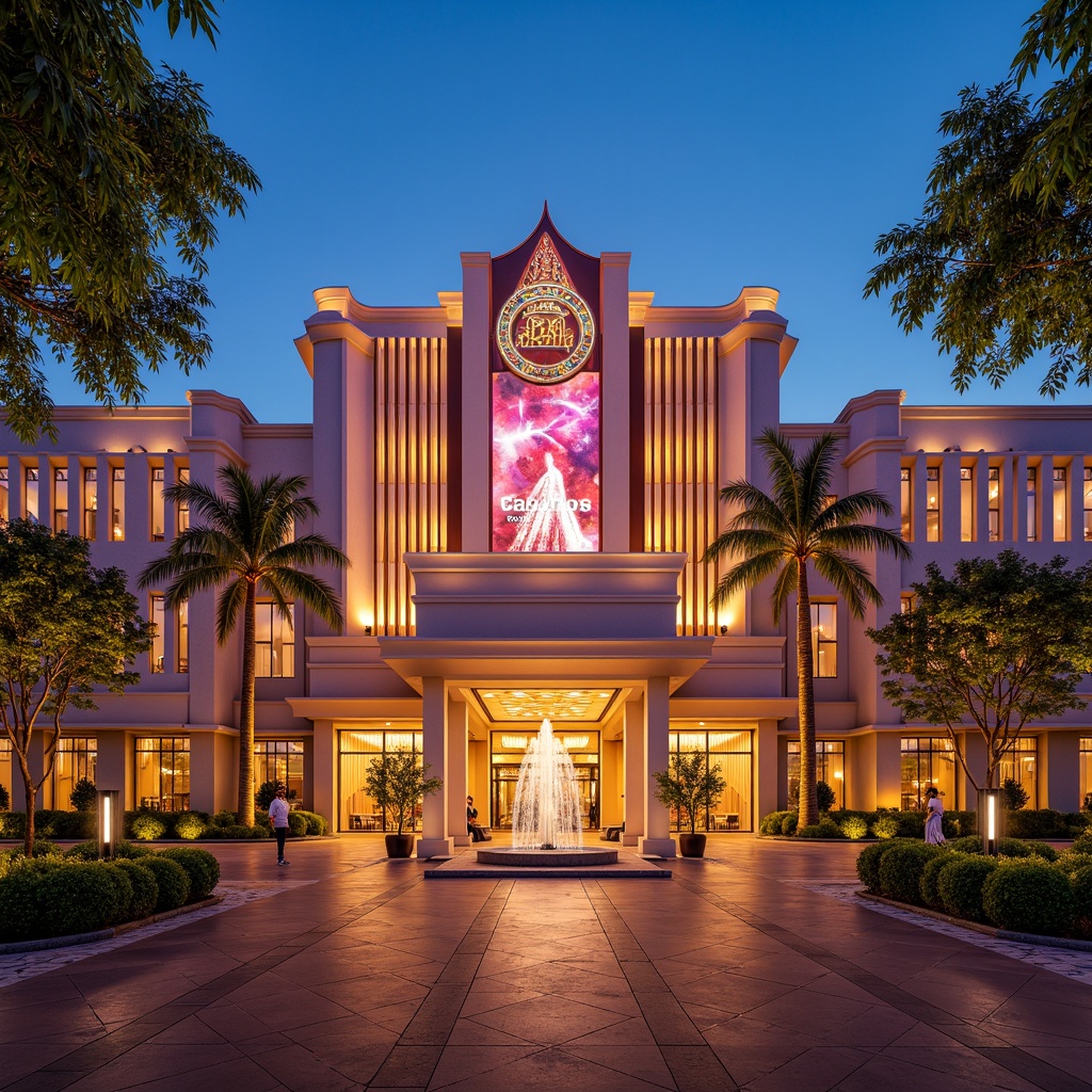 Prompt: Glamorous casino facade, neon lights, lavish decorations, grand entrance, ornate details, luxurious materials, polished marble floors, gleaming chrome accents, vibrant LED displays, dynamic fountain shows, exotic palm trees, tropical landscape, sunny afternoon, warm golden lighting, shallow depth of field, 1/2 composition, symmetrical architecture, modernist design, Art Deco influences, geometric patterns, ornate moldings, crystal chandeliers.