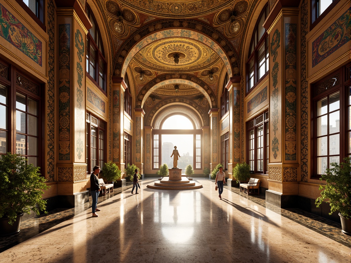 Prompt: Vibrant Byzantine-style high school, intricate mosaics, golden tesserae, rich jewel tones, ornate arches, domed ceilings, grand entrances, marble floors, ornamental columns, lavish furnishings, abundant natural light, warm afternoon sunbeams, shallow depth of field, 3/4 composition, realistic textures, ambient occlusion, Byzantine-inspired patterns, luxurious textiles, detailed geometric motifs.