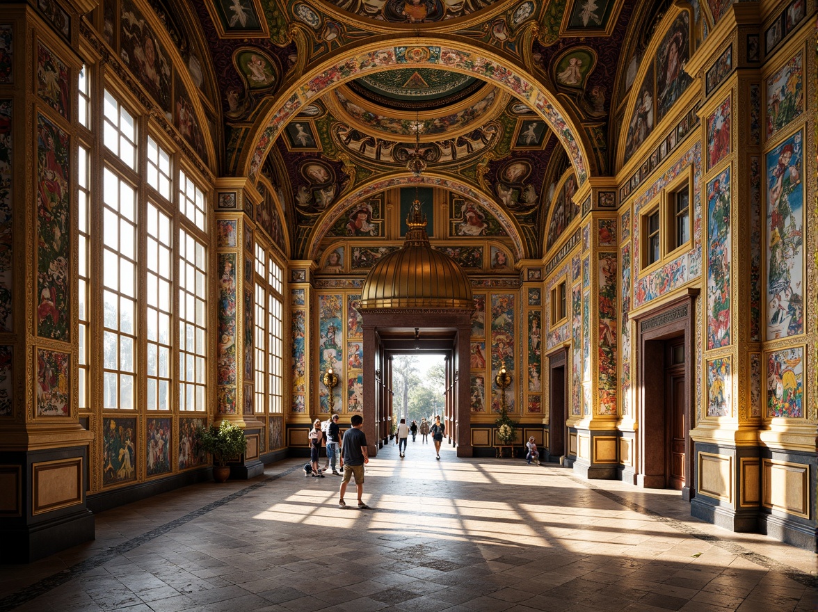 Prompt: Vibrant mosaics, gold leaf accents, intricate patterns, Byzantine-inspired architecture, high school building, ornate columns, arched windows, domed roof, grand entrance, marble floors, rich textiles, warm lighting, shallow depth of field, 1/1 composition, panoramic view, realistic textures, ambient occlusion, detailed ornaments, colorful frescoes, elaborate ceilings, luxurious ambiance.