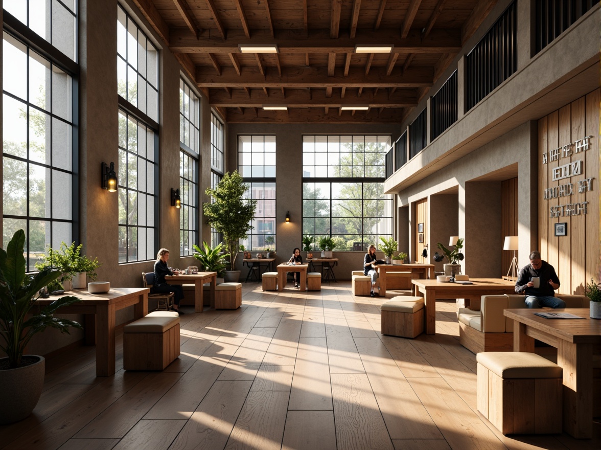 Prompt: Cozy student lounge, wooden flooring, comfortable seating areas, modern minimalist decor, ample natural light, floor-to-ceiling windows, rustic wooden tables, ergonomic chairs, collaborative study spaces, inspirational quotes, soft warm lighting, 1/1 composition, shallow depth of field, realistic textures, ambient occlusion.