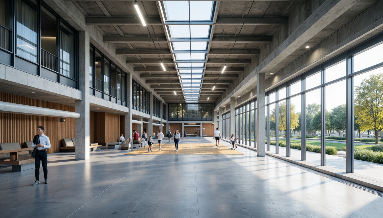 Prompt: Modern gymnasium building, international style fa\u00e7ade, clean lines, minimal ornamentation, large glass windows, metal frames, rectangular shapes, brutalist architecture, functional design, athletic tracks, sports facilities, basketball courts, tennis courts, soccer fields, sleek flooring, minimalist interior, industrial materials, exposed ductwork, high ceilings, natural light, bright atmosphere, shallow depth of field, 3/4 composition, realistic textures, ambient occlusion.