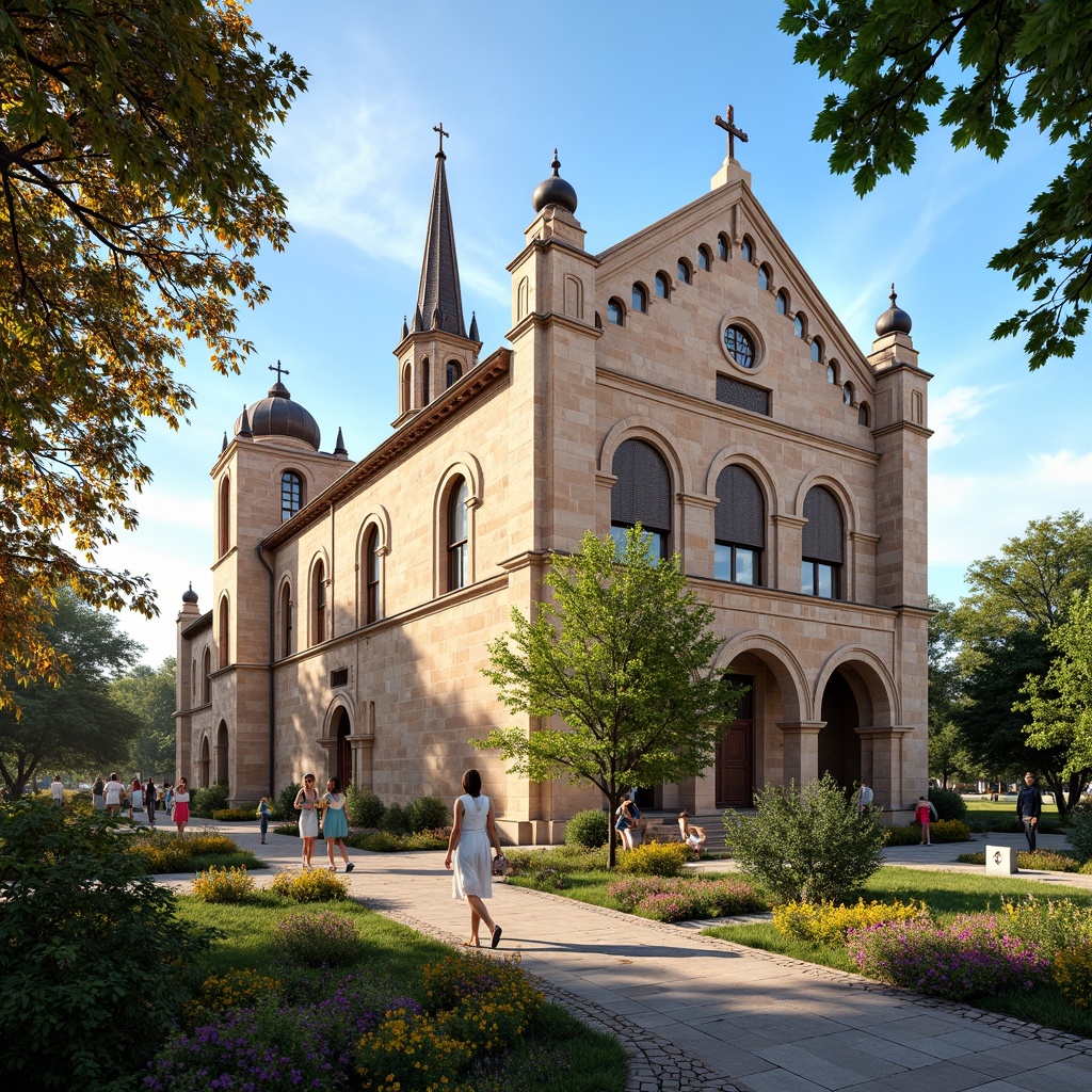 Prompt: Grand Romanesque church, intricately carved stone fa\u00e7ade, rusticated arches, ornate bell towers, terracotta roof tiles, curved dormer windows, decorative finials, ornamental gargoyles, weathered copper accents, lush greenery, vibrant flowers, sunny day, soft warm lighting, shallow depth of field, 3/4 composition, panoramic view, realistic textures, ambient occlusion.