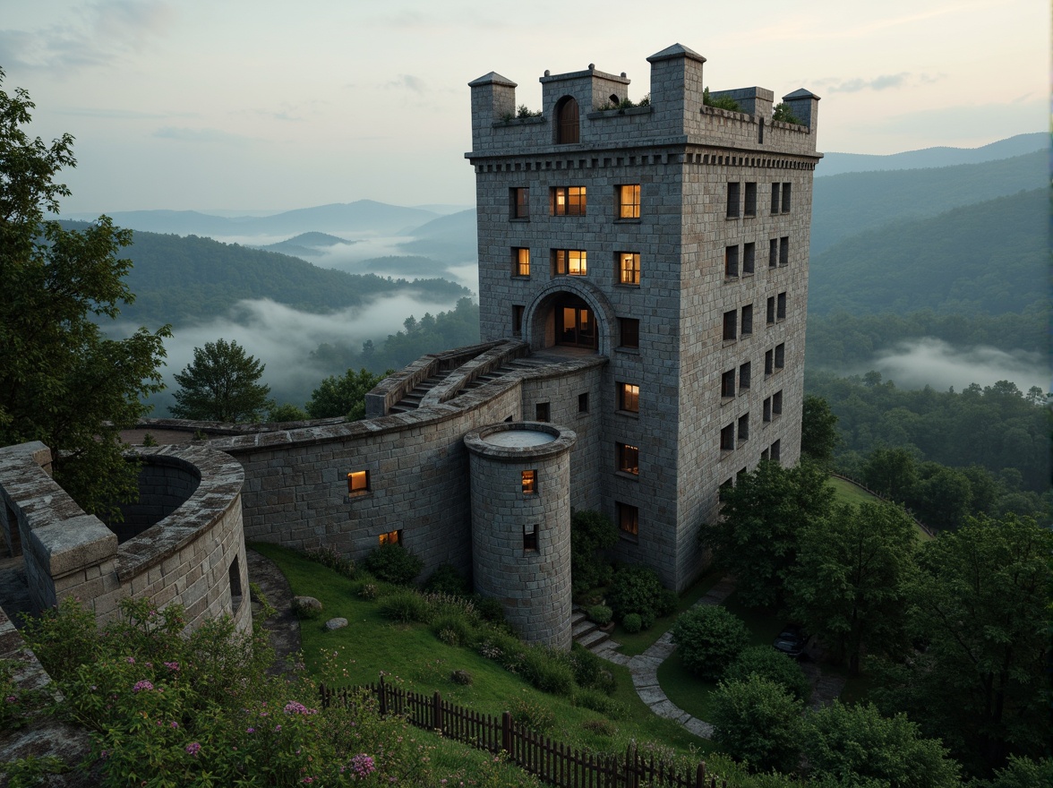 Prompt: Majestic watchtower, rugged stone walls, winding staircases, lantern-style windows, medieval architecture, rolling hills, lush green forests, misty morning, soft warm lighting, shallow depth of field, 3/4 composition, panoramic view, realistic textures, ambient occlusion, elevated vantage points, scenic overlooks, rustic wooden fences, wildflower meadows, serene atmosphere, dramatic cloud formations.