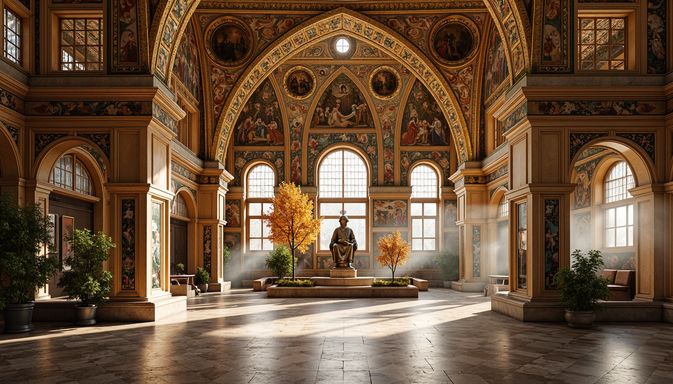 Prompt: Vibrant Byzantine high school, rich gold mosaics, intricate stone inlays, ornate arches, grand domes, colorful glass tiles, biblical scenes, ornamental patterns, luxurious marble floors, dramatic vaulted ceilings, warm soft lighting, shallow depth of field, 1/1 composition, realistic textures, ambient occlusion.