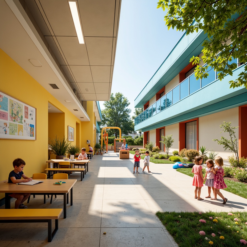 Prompt: Vibrant elementary school, playful kindergarten, bright colors, cheerful atmosphere, warm beige walls, soothing blue accents, energetic yellow furniture, cozy reading nooks, interactive whiteboards, modern LED lighting, open-plan classrooms, collaborative learning spaces, natural wood textures, acoustic ceilings, stimulating outdoor playgrounds, blooming garden beds, sunny day, soft warm lighting, shallow depth of field, 3/4 composition, panoramic view, realistic textures, ambient occlusion.