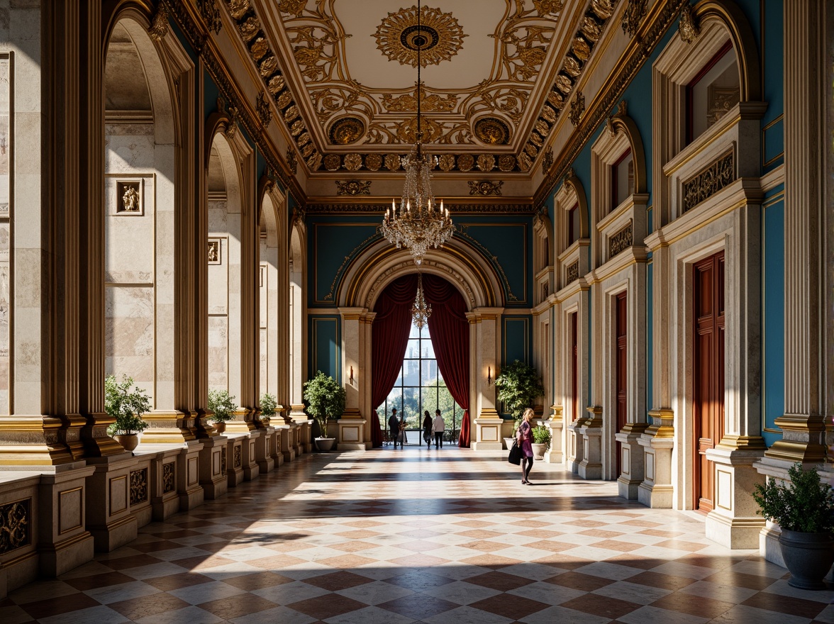 Prompt: Majestic buildings, Prussian blue accents, golden ornaments, intricate stonework, grand entrance halls, opulent chandeliers, luxurious fabrics, rich wood paneling, ornate details, neoclassical architecture, symmetrical compositions, warm sunny lighting, shallow depth of field, 1/1 composition, realistic textures, ambient occlusion.