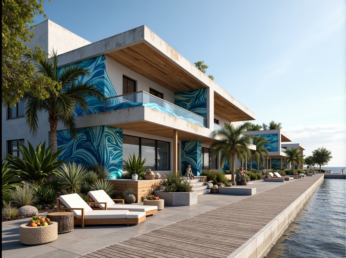 Prompt: Coastal building facade, wave-inspired design, ocean-blue accents, weathered wooden planks, rusted metal cladding, coral-patterned concrete, salt-resistant materials, beachy vibe, natural ventilation systems, large windows, sliding glass doors, shading devices, solar panels, wind-driven rainwater harvesting systems, driftwood-inspired decorative elements, nautical-themed signage, soft ocean breeze, warm sunny day, shallow depth of field, 2/3 composition, realistic textures, ambient occlusion.