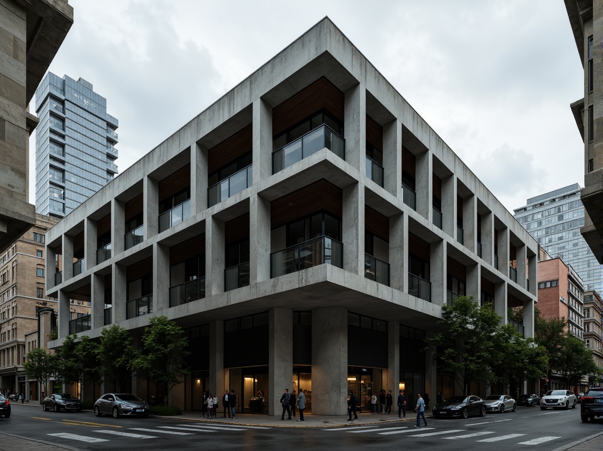 Prompt: Modern brutalist building, exposed concrete columns, rugged stone walls, cantilevered rooflines, angular balconies, industrial steel beams, minimalist ornamentation, urban cityscape, gloomy overcast sky, dramatic shadows, high-contrast lighting, 1/1 composition, symmetrical framing, stark textures, ambient occlusion.