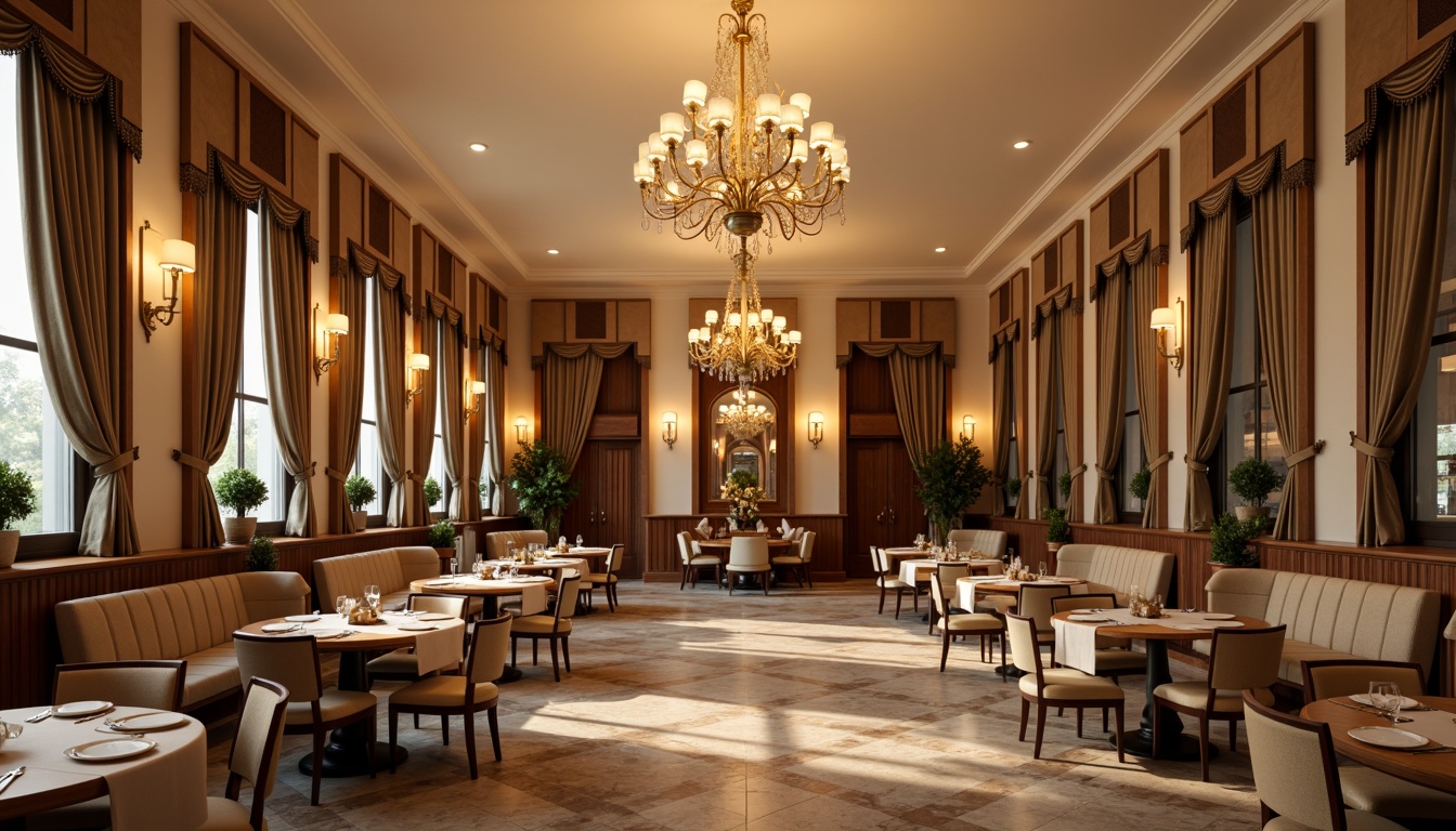 Prompt: Elegant dining hall, rich wood accents, luxurious fabrics, warm beige walls, cream-colored ceilings, sophisticated chandeliers, lavish curtains, polished marble floors, vintage-inspired furniture, soft golden lighting, intimate ambiance, 3/4 composition, shallow depth of field, realistic textures, ambient occlusion.