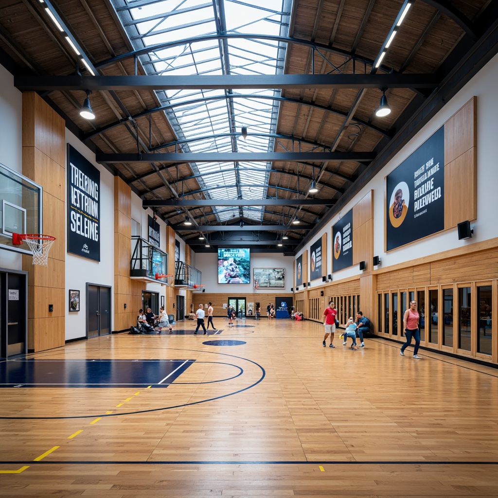 Prompt: Modern gymnasium interior, open-plan layout, polished wooden floors, sports equipment storage, mirrored walls, high ceilings, clerestory windows, natural daylight, motivational quotes, athletic-inspired color scheme, dynamic lighting effects, suspended basketball hoops, padded flooring, sound-absorbing materials, state-of-the-art sound systems, digital scoreboards, flexible seating arrangements, spectator areas, refreshment stations, modern lockers, sleek metal railings, vibrant team colors, panoramic view, realistic textures, ambient occlusion.