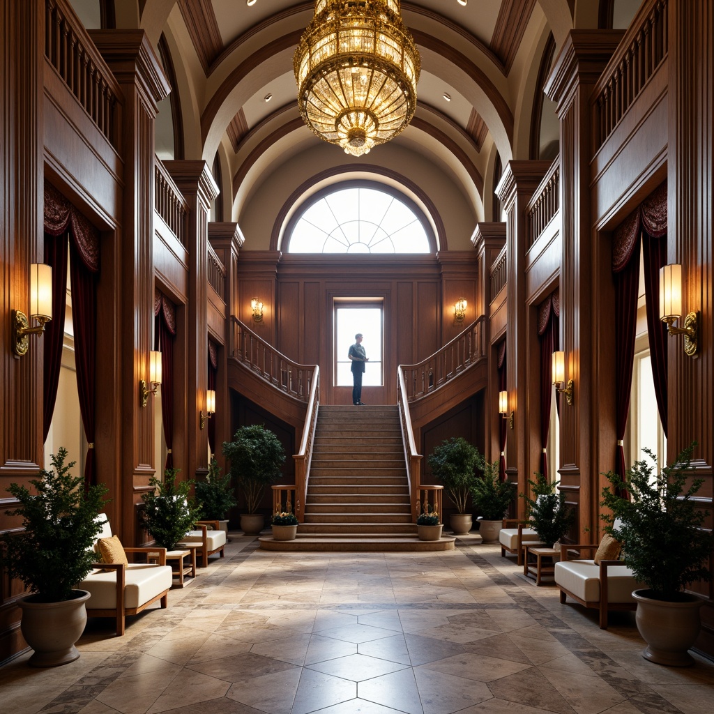 Prompt: Elegant grand foyer, sweeping staircase, ornate chandelier, marble flooring, high ceilings, symmetrical composition, rich wood paneling, intricate moldings, Corinthian columns, arched windows, velvet drapes, lavish furnishings, gilded accents, subtle warm lighting, shallow depth of field, 1/2 composition, realistic textures, ambient occlusion.