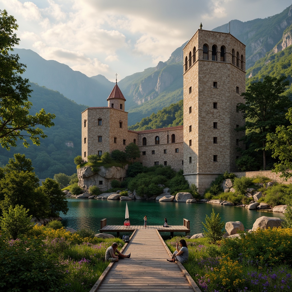 Prompt: Majestic watching towers, rugged stone walls, medieval architecture, lush green forests, misty mountains, serene lakeside, wooden dock, sailboats, vibrant wildflowers, rustic pathways, natural rock formations, weathered wood textures, dramatic cloudy skies, warm golden lighting, shallow depth of field, 1/2 composition, symmetrical framing, realistic atmospheric effects.