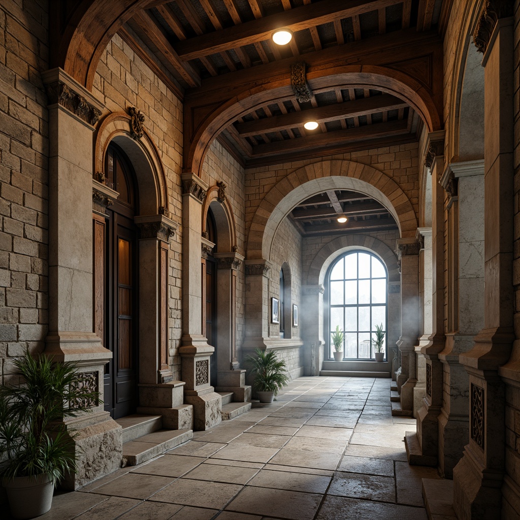 Prompt: Rustic stone walls, arched windows, grand entrance halls, ornate column capitals, vaulted ceilings, intricate carvings, exposed brick facades, industrial metal beams, reclaimed wood accents, distressed textures, warm ambient lighting, soft focus, 1/1 composition, dramatic shadows, atmospheric mist, ancient Roman-inspired details, modern industrial twists, brutalist elements, functional pipes, urban loft atmosphere.