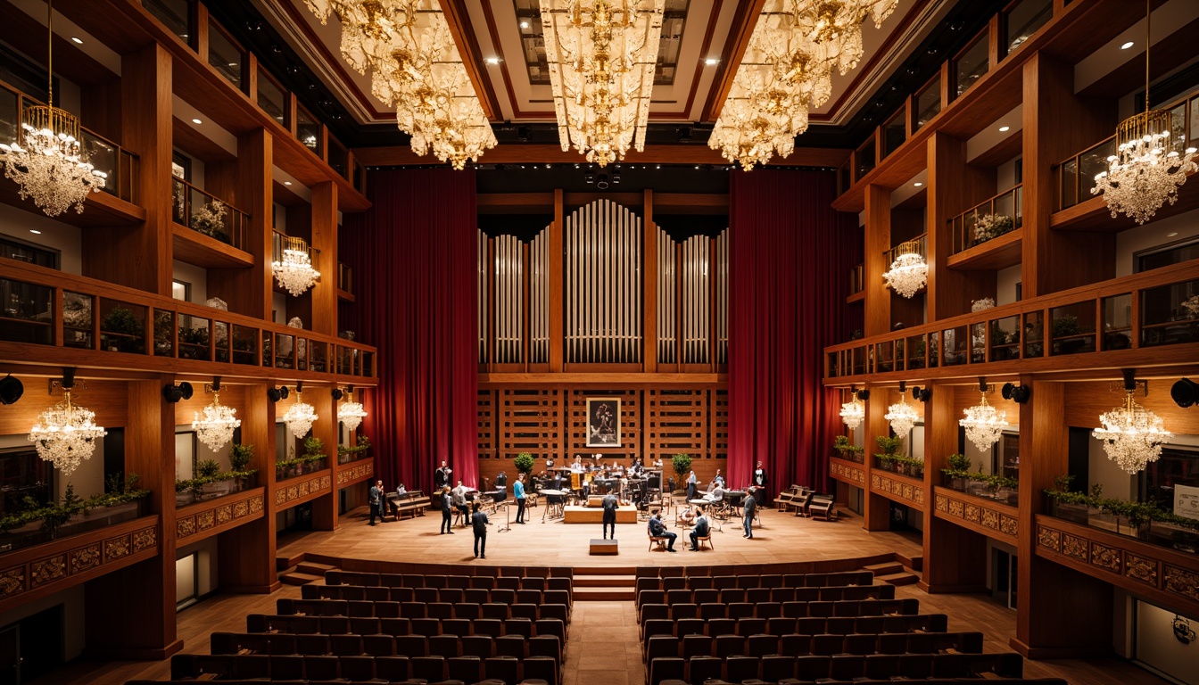 Prompt: Elegant concert hall, rich wood accents, polished metal details, luxurious velvet drapes, grand chandeliers, intricate stonework, ornate plaster ceilings, refined glass railings, sophisticated sound systems, acoustic panels, plush theater seating, dimmable warm lighting, shallow depth of field, 2/3 composition, realistic textures, ambient occlusion, dramatic spotlights, majestic architecture, historic landmark building, urban cityscape, evening atmosphere, soft focus blur.