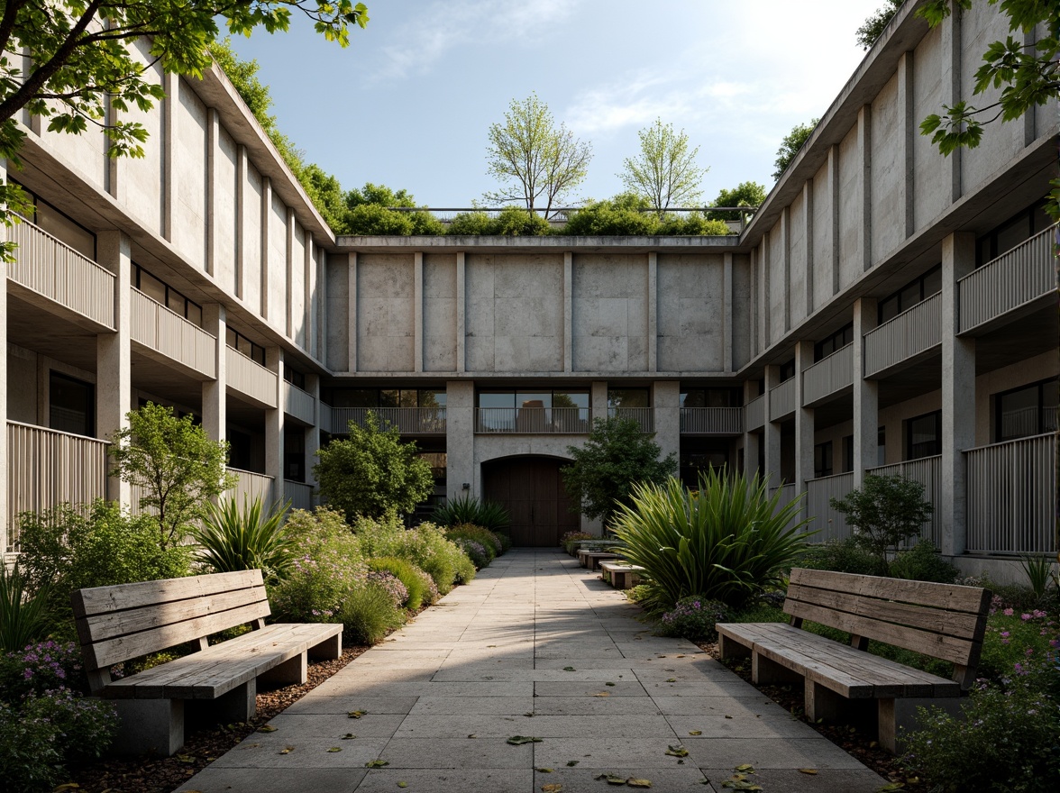 Prompt: Rugged brutalist building, exposed concrete walls, industrial metal accents, bold geometric shapes, lush green roof, native wildflowers, weathered wooden benches, reclaimed stone pathways, rustic metal lighting, dramatic shadows, harsh afternoon sunlight, deep depth of field, 1/2 composition, gritty textures, realistic atmosphere.Please let me know if this meets your requirements!