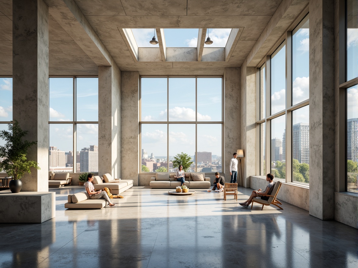 Prompt: Spacious open-plan interior, floor-to-ceiling windows, clerestory windows, skylights, reflective surfaces, minimalist decor, light-colored walls, polished concrete floors, industrial chic aesthetic, urban cityscape views, morning sunlight, soft warm glow, shallow depth of field, 1/1 composition, realist textures, ambient occlusion.