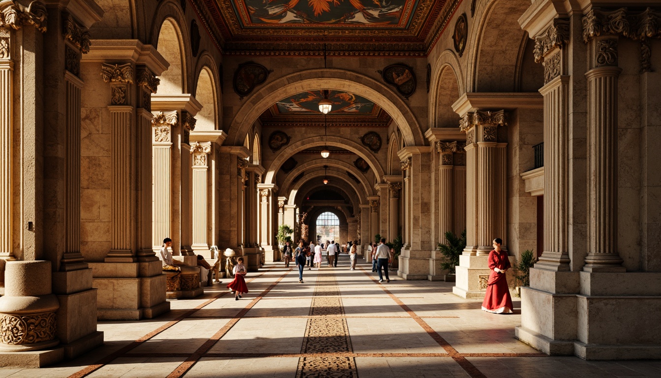 Prompt: Ornate Romanesque columns, intricate carvings, rustic stone textures, classical arches, grandiose architecture, ornamental capitals, fluted shafts, decorative pedestals, vibrant frescoes, ornate bronze details, warm golden lighting, dramatic shadows, high contrast, 1/2 composition, symmetrical framing, realistic renderings, ambient occlusion.