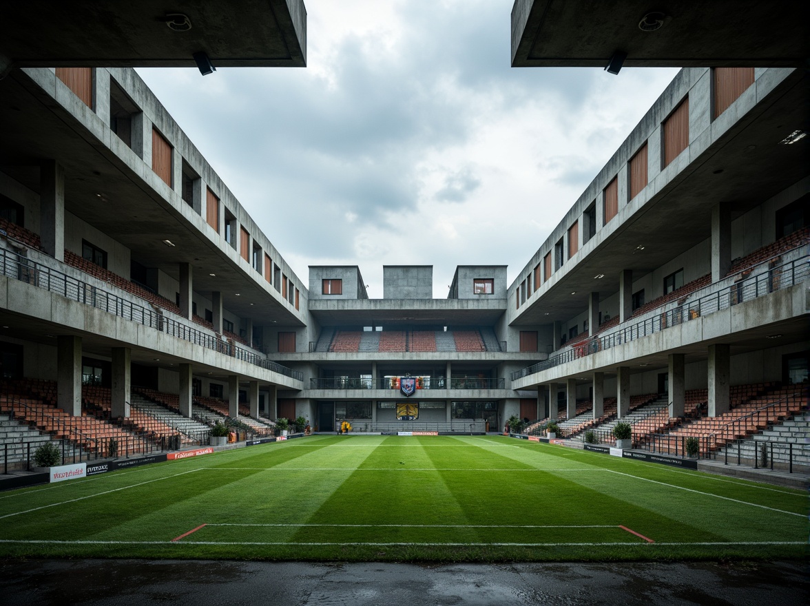 Prompt: Rugged sports field, brutalist architecture, concrete grandstands, steel beams, industrial pipes, bold geometric shapes, vibrant green grass, natural stone walls, rustic wood accents, modern stadium lighting, dramatic shadows, high-contrast colors, cinematic atmosphere, 1/1 composition, low-angle shot, moody weather conditions, overcast sky, misty ambiance, detailed textures, realistic materials.