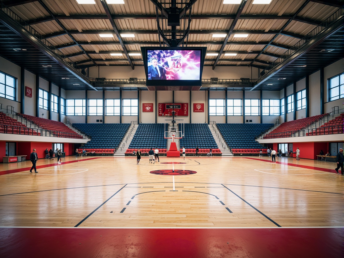 Prompt: Modern sports facility, sleek metal framework, polished wood floors, vibrant team colors, athletic equipment, basketball hoops, tennis courts, soccer goals, track and field zones, flexible seating areas, natural ventilation systems, abundant daylight, dynamic LED lighting, shallow depth of field, 1/2 composition, wide-angle lens, realistic textures, ambient occlusion.