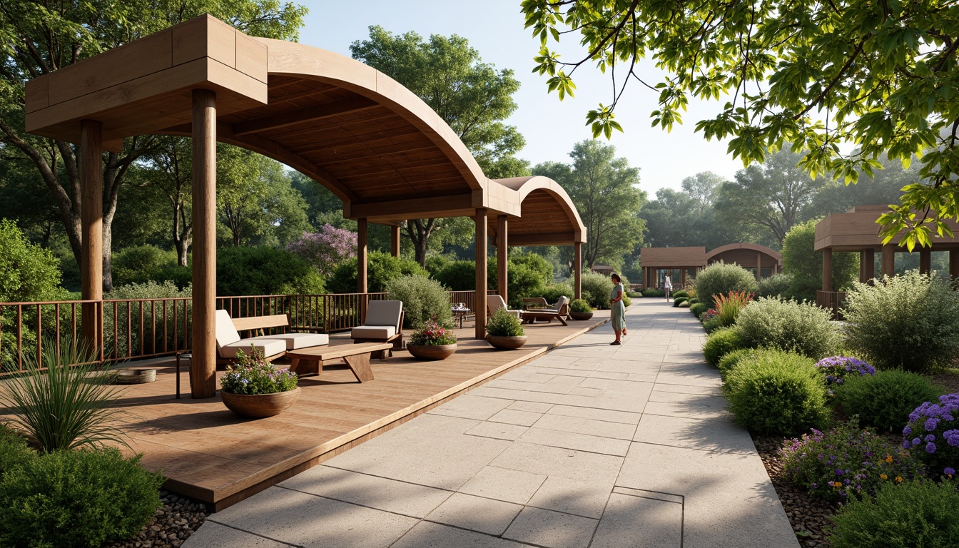 Prompt: Curved pavilion roofs, lush green vegetation, meandering walkways, natural stone flooring, wooden benches, regional cultural symbols, vibrant flower arrangements, rustic metal railings, earthy color palette, harmonious landscape integration, panoramic views, soft warm lighting, shallow depth of field, 3/4 composition, realistic textures, ambient occlusion.