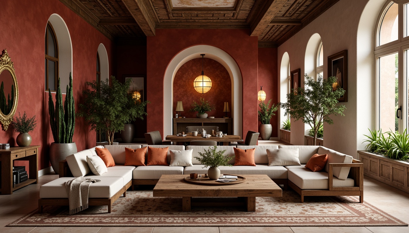 Prompt: Rich maroon accents, earthy terracotta walls, soft creamy whites, warm beige tones, deep charcoal grays, luxurious gold metallic highlights, ornate wooden furnishings, vintage leather textures, intricate Moroccan-inspired patterns, ambient warm lighting, shallow depth of field, 1/1 composition, realistic renderings.