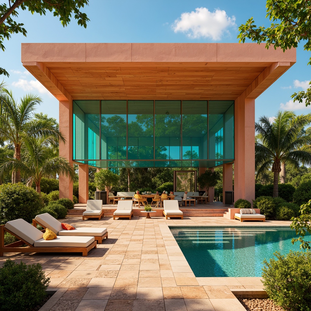 Prompt: Vibrant pavilion, bold color scheme, warm golden hues, rich turquoise accents, soft peach tones, natural wood textures, minimalist metal frames, sleek glass surfaces, geometric patterns, intricate tile work, lush greenery surroundings, tropical plants, sunny day, high contrast lighting, 1/2 composition, realistic reflections, ambient occlusion.