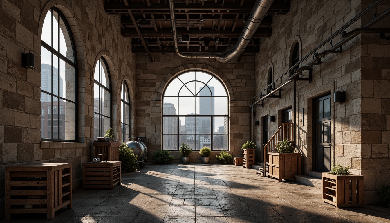 Prompt: Rustic stone walls, arched windows, grand entrance halls, ornate columns, vaulted ceilings, industrial metal beams, exposed brickwork, distressed wood accents, vintage machinery, reclaimed wooden crates, metallic pipes, Edison bulbs, urban cityscape, overcast sky, dramatic shadows, high contrast lighting, cinematic composition, realistic weathering, detailed stonework, ambient atmospheric effects.