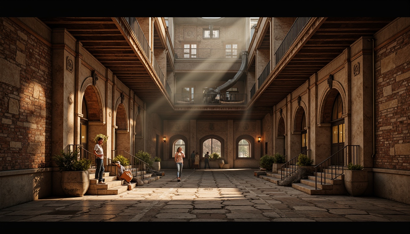 Prompt: Ancient Roman-inspired buildings, ornate stone carvings, grand archways, robust columns, rustic brick walls, metal accents, industrial pipes, distressed wooden beams, vintage machinery, exposed ductwork, dimly lit atmosphere, warm golden lighting, shallow depth of field, 1/1 composition, realistic textures, ambient occlusion.