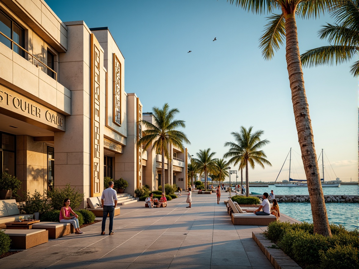 Prompt: Oceanfront promenade, art deco architecture, ornate facades, geometric patterns, bold typography, luxurious materials, metallic accents, curved lines, nautical themes, beachside amenities, seaside resorts, palm trees, sunny weather, warm golden lighting, shallow depth of field, 1/1 composition, symmetrical framing, vibrant turquoise waters, sailboats, yachts, dockyards, ocean breezes, soft focus background.