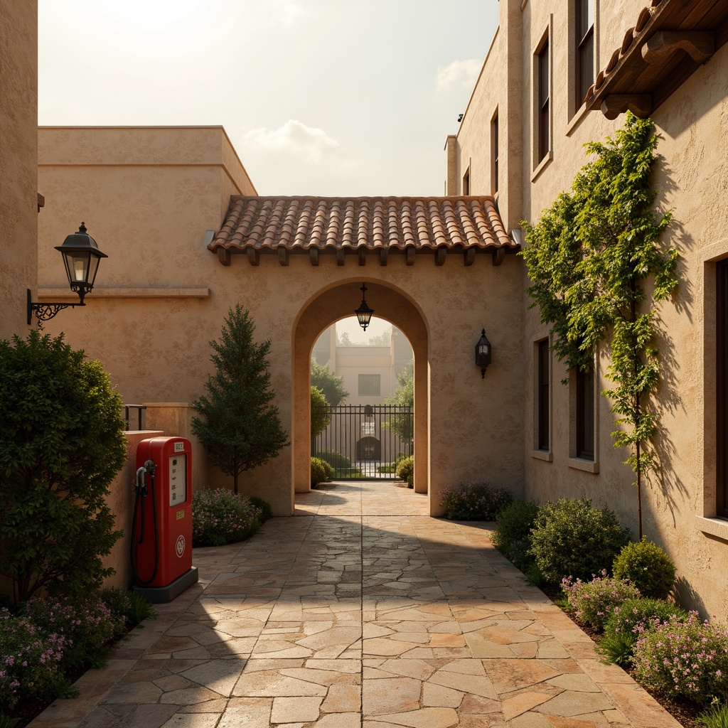 Prompt: Warm beige stone fa\u00e7ade, terracotta roof tiles, rusty metal accents, vintage gas pumps, ornate lanterns, earthy tone sidewalks, lush greenery, ivy climbing walls, medieval-inspired archways, grand entrance gates, warm golden lighting, soft afternoon sun, atmospheric fog, 1/2 composition, symmetrical framing, realistic textures, ambient occlusion.