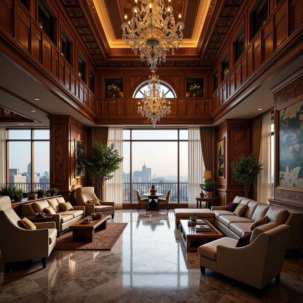 Prompt: Luxurious penthouse, ornate detailing, Renaissance-inspired architecture, grandiose chandeliers, intricately carved wooden panels, lavish furnishings, opulent textiles, gilded accents, marble floors, sweeping staircases, high ceilings, panoramic city views, soft warm lighting, 1/1 composition, shallow depth of field, realistic reflections, ambient occlusion.