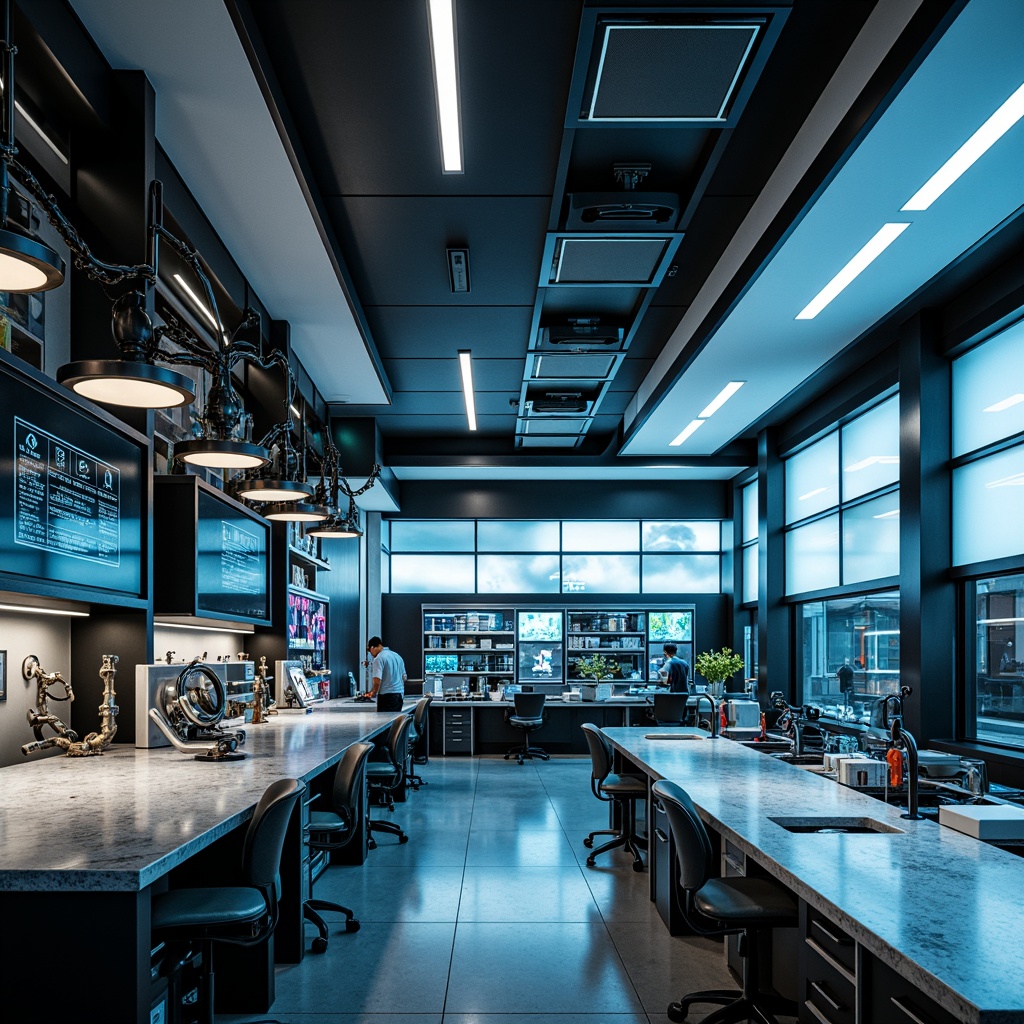 Prompt: Futuristic laboratory, sleek granite countertops, high-tech equipment, minimalist interior design, modern LED lighting, metallic accents, industrial-style chairs, futuristic machinery, robotic arms, advanced computer systems, neon-lit ambient lighting, 3/4 composition, shallow depth of field, realistic textures, ambient occlusion.