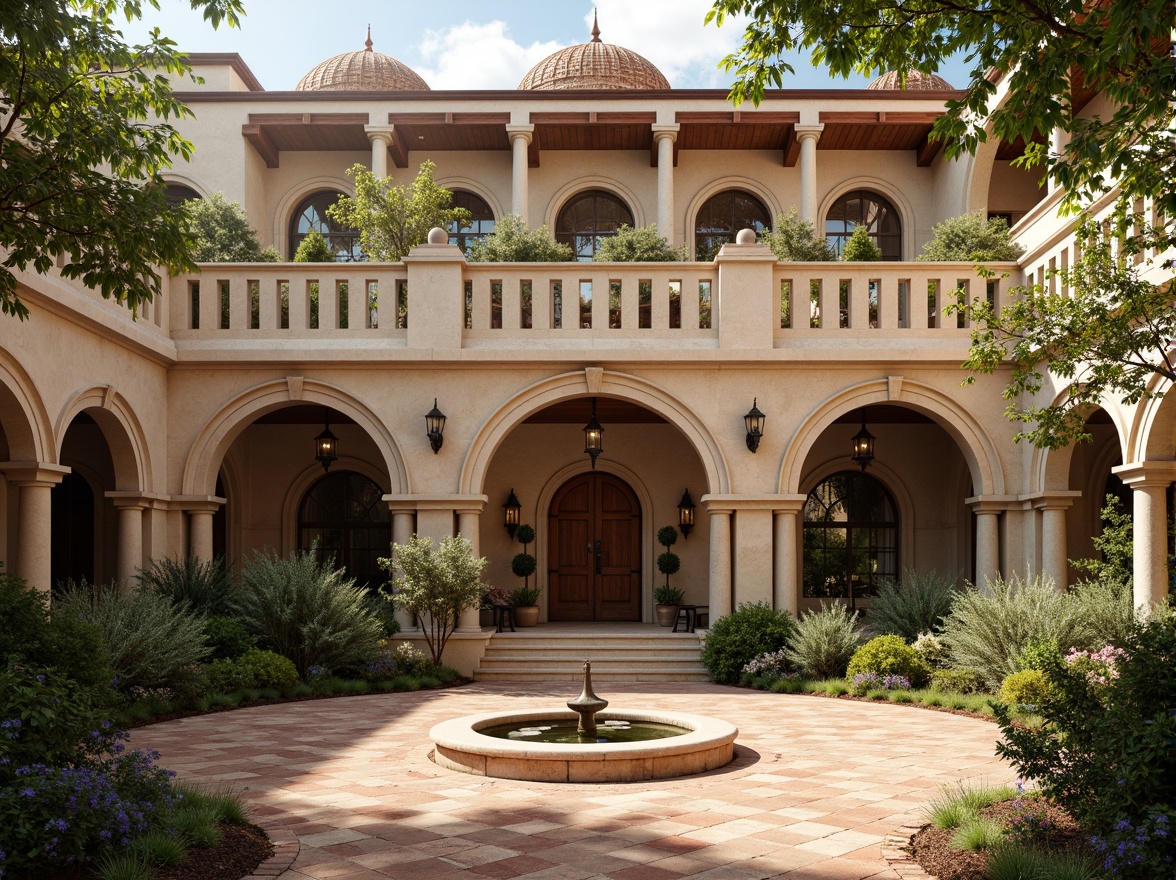 Prompt: Rustic clinic facade, arched windows, rounded doorways, ornate stone carvings, thick columns, grand entrance, vaulted ceilings, ribbed domes, stained glass windows, warm beige stonework, earthy terracotta tiles, lush greenery, serene courtyard, natural light pouring in, soft warm lighting, shallow depth of field, 3/4 composition, realistic textures, ambient occlusion.