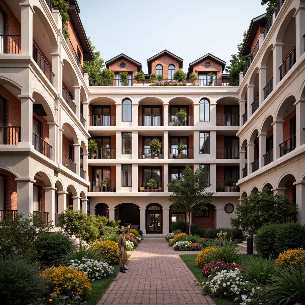 Prompt: Elegant social housing complex, classicism style, symmetrical facade, ornate columns, arched windows, decorative balconies, rusticated base, grand entrance, manicured gardens, vibrant flowerbeds, walk-up apartments, red brick walls, pitched roofs, dormer windows, soft warm lighting, shallow depth of field, 3/4 composition, realistic textures, ambient occlusion.