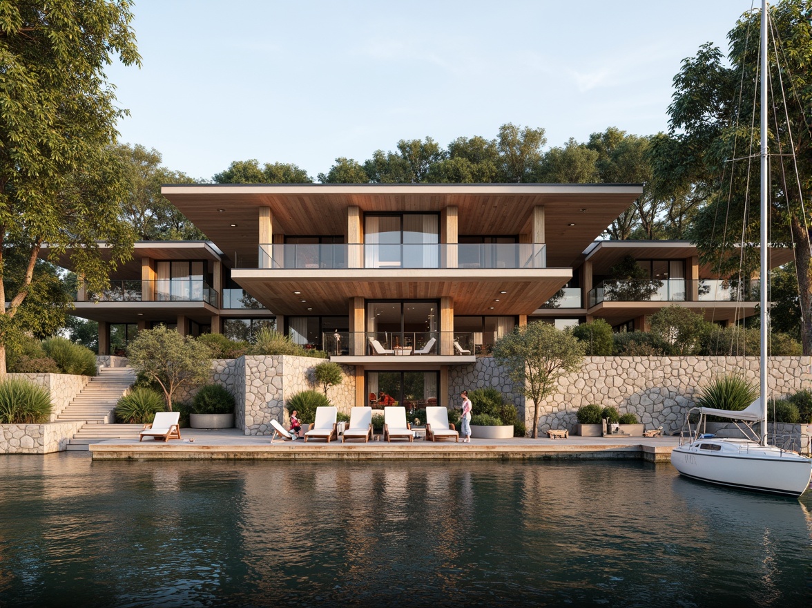 Prompt: Waterfront location, serene lake views, wooden dock, sailboats, kayaks, natural stone foundation, rustic wood accents, nautical-themed decor, large windows, glass doors, outdoor seating areas, cantilevered rooflines, modern minimalist architecture, earthy color palette, soft warm lighting, shallow depth of field, 3/4 composition, panoramic view, realistic textures, ambient occlusion.