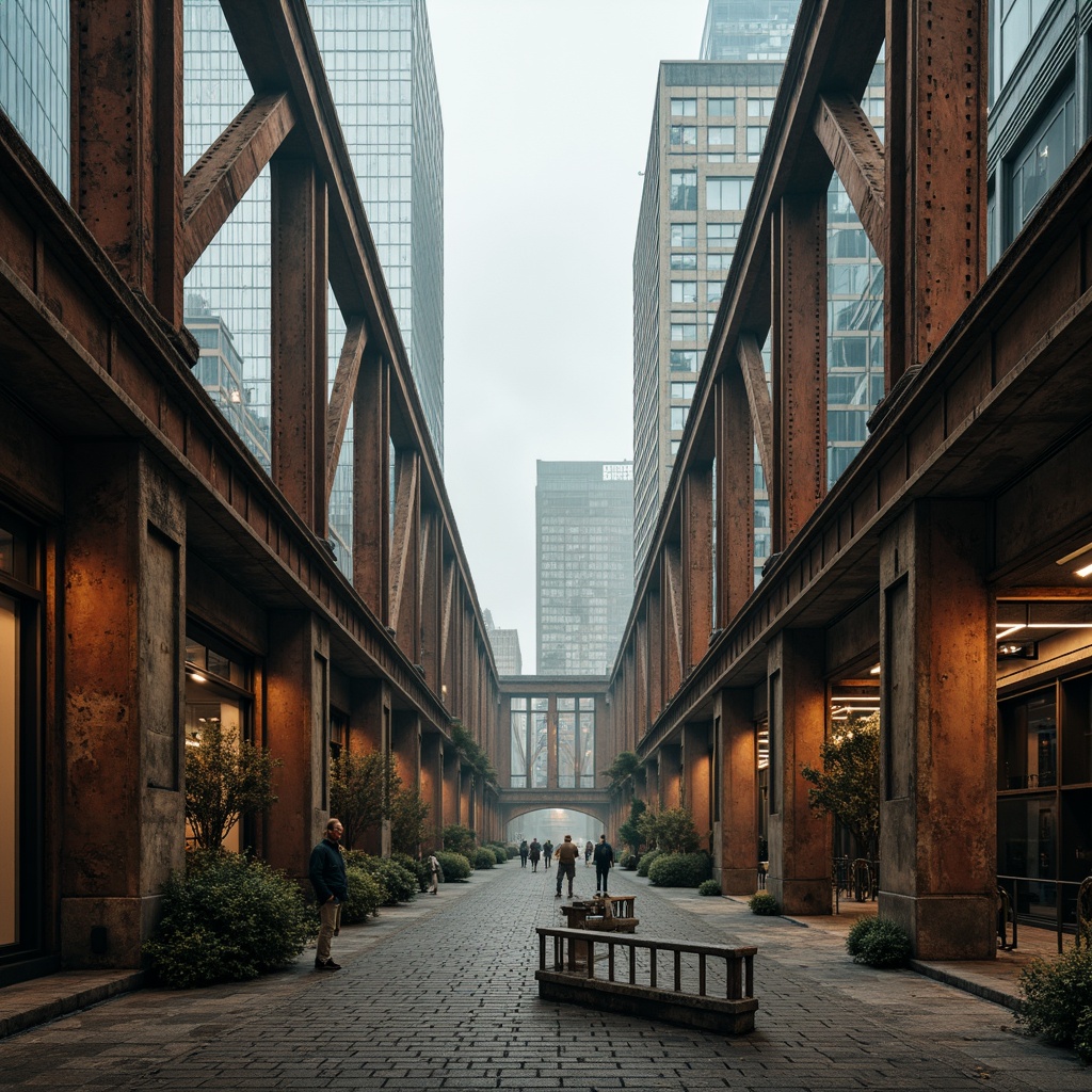 Prompt: Rustic steel bridges, earthy tones, warm beige, muted blues, industrial grays, weathered wood accents, natural stone piers, urban cityscape, misty morning light, soft focus, atmospheric perspective, 1/2 composition, moody contrast, detailed textures, ambient occlusion.