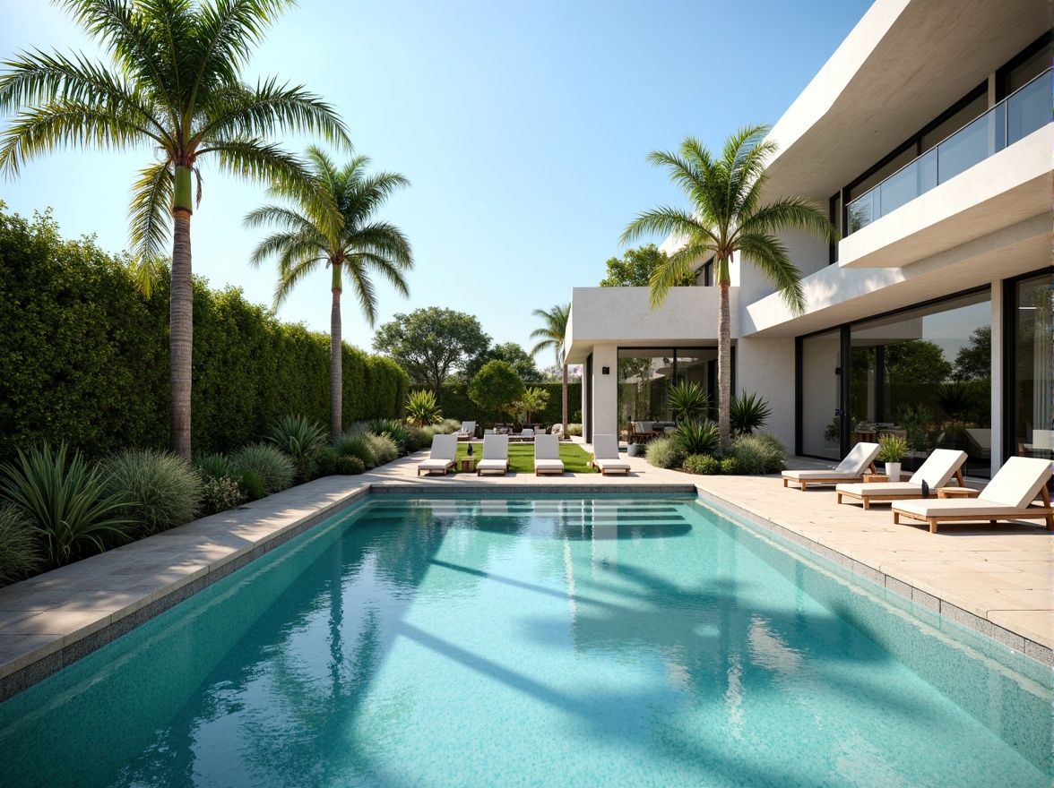 Prompt: Cerulean blue waters, sleek modern pool design, streamlined curves, minimalist landscaping, lush greenery, tropical palm trees, warm beige decking, polished concrete floors, chrome accents, geometric tile patterns, subtle wave textures, shallow water effects, soft natural lighting, 3/4 composition, panoramic view, realistic reflections, ambient occlusion.