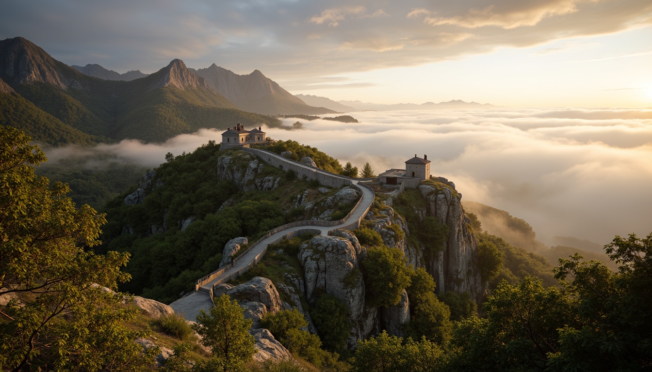 Prompt: Serene mountainous landscape, rugged rocky outcrops, ancient watching towers, rustic stone walls, winding hiking trails, lush green forests, misty foggy atmosphere, dramatic cloudy skies, warm golden lighting, shallow depth of field, 3/4 composition, panoramic view, realistic textures, ambient occlusion.