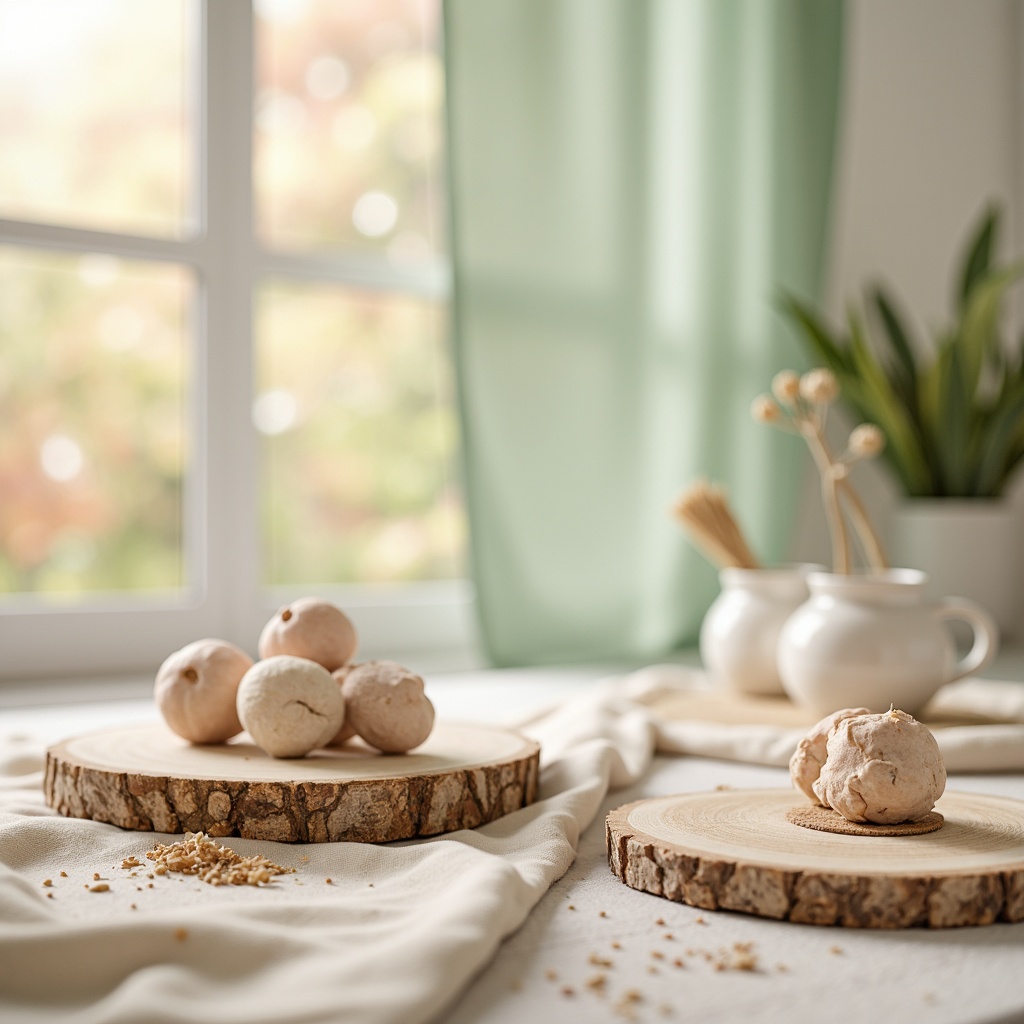 Prompt: Pastel hues, soft peach tones, calming mint greens, creamy whites, warm beige accents, gentle lavender shades, subtle gold highlights, natural wood textures, organic earthy undertones, serene atmosphere, soft focus, shallow depth of field, 1/1 composition, warm soft lighting, realistic subtle shadows.